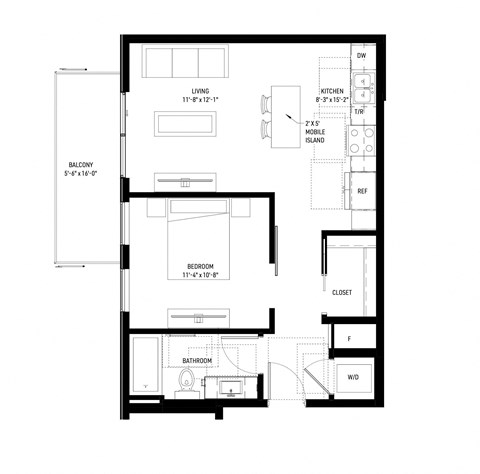 Floor plan for 1 bed, 1 bath, 620 sqft